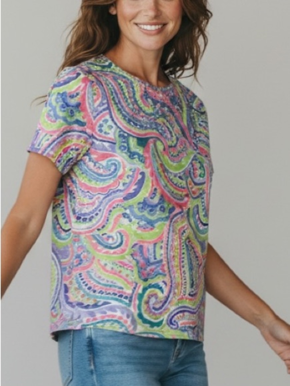 Alfred Dunner Multicolor Pink Blue Green Paisley Lace Embellished Top
